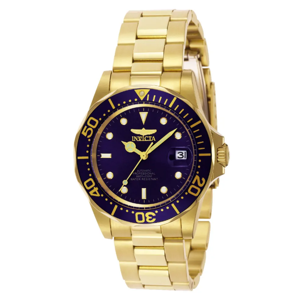 ectq0398_vni_0 jpg - Relgio Masculino Pro Automtico Invicta Ouro 8930, 40mm. -Este relgio Invicta da coleo Pro possui movimento Automtico preciso e caixa dourada. Seu mostrador decorado por um mostrador de metal azul e protegido por um resistente Cristal Min