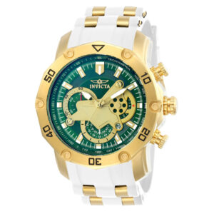 ectq22432_gz_vni_0 jpg - Relgio masculino Pro SCUBA 50 mm. Ouro. Branco ZG 23422, Invicta -<p>Este lindo relgio Invicta Pro contm um movimento preciso alm de uma caixa dourada. Seu mostrador exibe um mostrador de metal verde protegido por um cristal Flame Fusion altamente r</p>