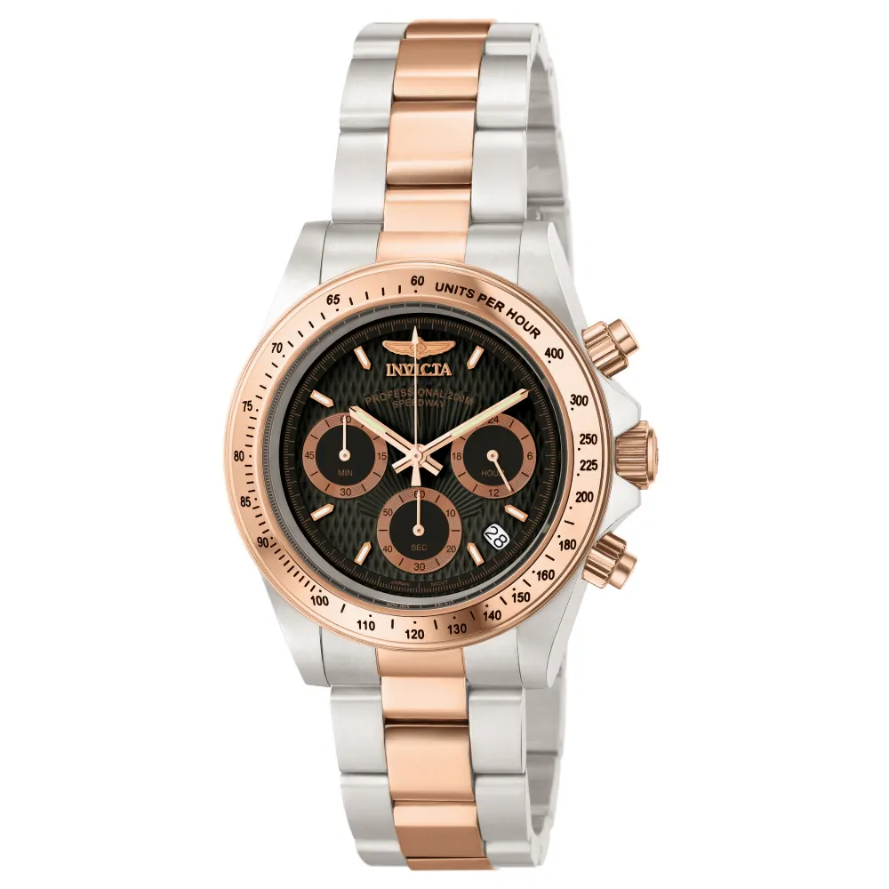 ectq2396_vni_0 jpg - Relógio Masculino Speedway, Invicta 6932, Prata e Ouro Rosa -Este lindo relógio Invicta Speedway contém um movimento de quartzo, sustentado por uma impressionante caixa de aço em ouro rosa. Sua face exibe um mostrador de metal cinza protegid