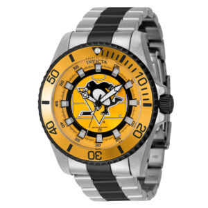 ectq24224_gz_vni_0 jpg - Relógio Masculino NHL Pittsburgh Penguins, Invicta ZG42242, Prata e Amarelo -<p>Este atraente relógio Invicta da coleção NHL é movido por um movimento Quartz preciso, com caixa prateada. Seu mostrador é decorado por um mostrador de metal e protegido por um res</p>