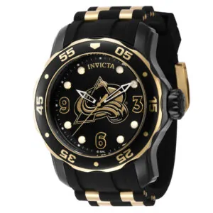 ectq32324_gz_vni_0 jpg - Relgio Masculino Invicta NHL Colorado Avalanche 48mm, Ouro e Preto ZG 42323 -<p>Este o relgio Invicta NHL, com movimento preciso e caixa preta. O mostrador protegido por um Cristal Flame Fusion altamente resistente e possui uma pulseira dourada, preta, de ao i</p>