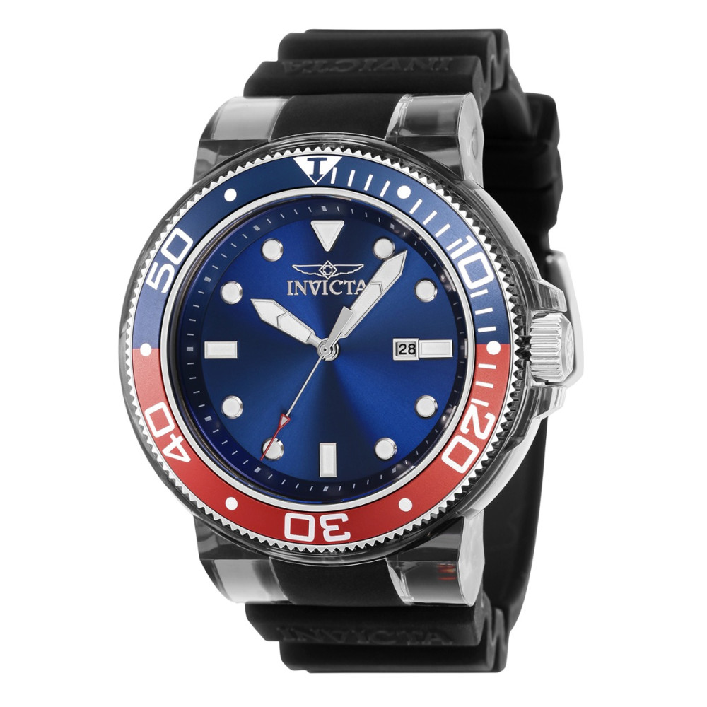 ectq38883_vni_0 jpg - Relógio Masculino Pro Diver, Invicta 38883, Preto e Transparente -Este lindo relógio Invicta Pro Diver contém um movimento de quartzo preciso, além de uma caixa de aço preto, azul, vermelho, prata. Seu mostrador exibe um mostrador de metal azul p