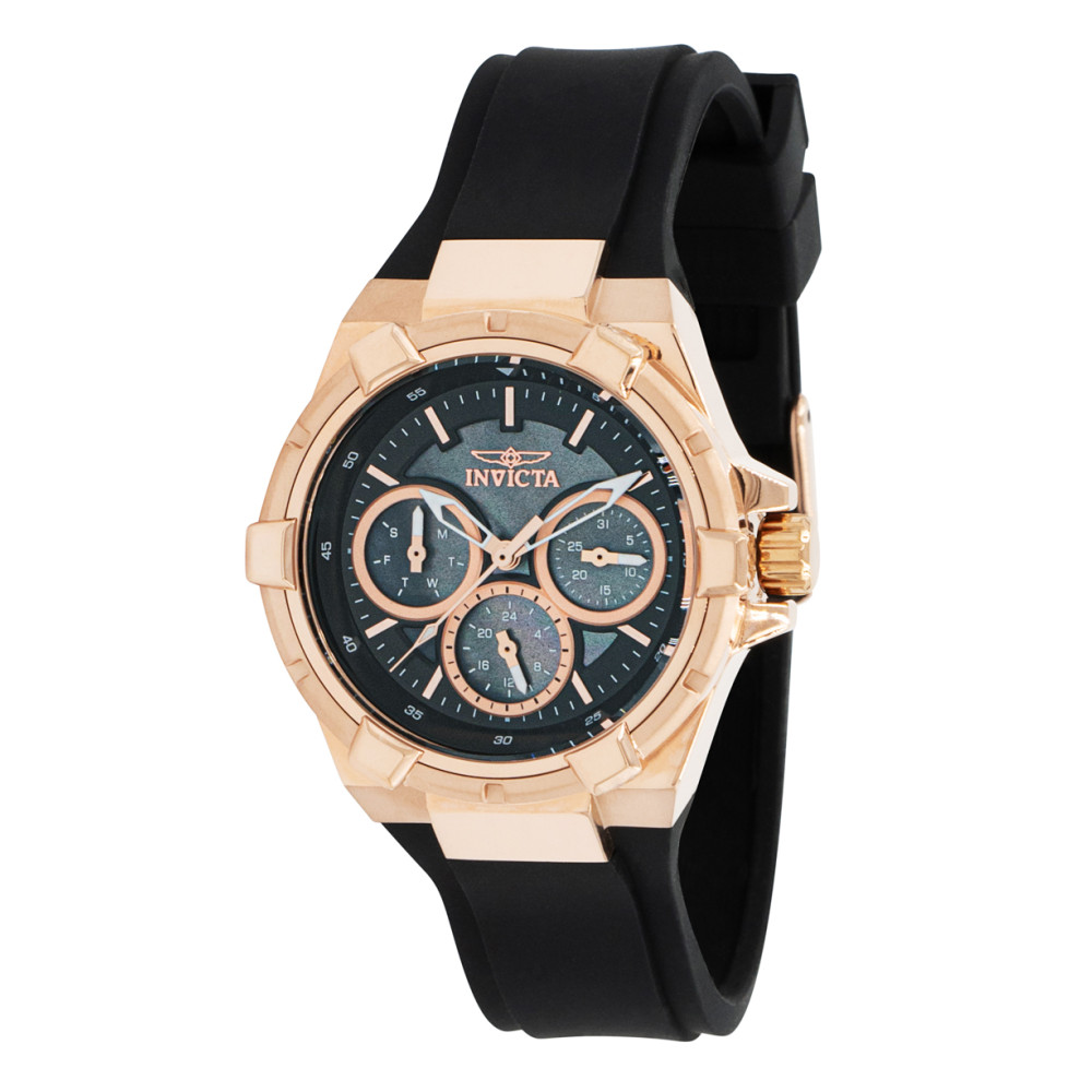 ectq50373_vni_0 jpg - Relógio Feminino Aviator com Mostrador Madrepérola, Invicta 37305, Preto -Este impressionante relógio Invicta Aviator apresenta um movimento de quartzo preciso, bem como uma caixa em ouro rosa. Seu mostrador de madrepérola em metal preto é envolto por um