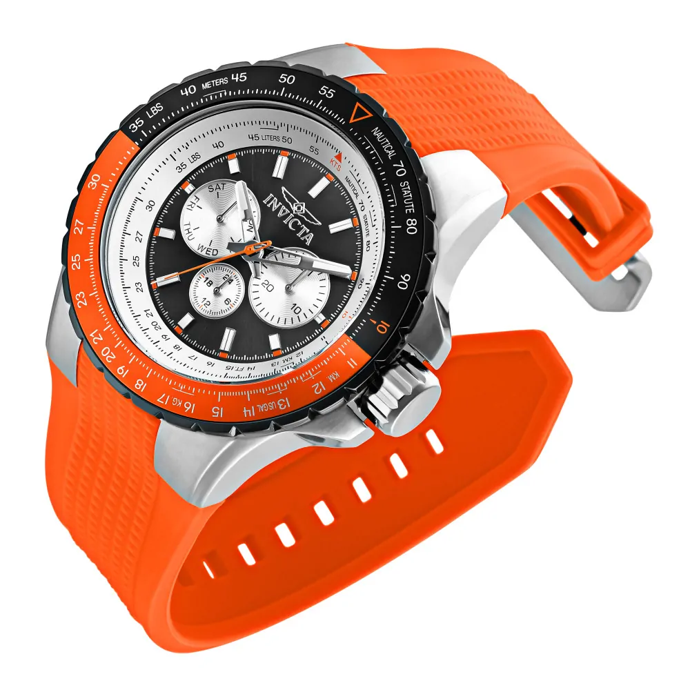 ectq53033_vni_1 jpg - Relógio Masculino de Quartzo Aviator, Invicta 33035, Laranja -Este atraente relógio Invicta da coleção Aviator é movido por um movimento Quartz preciso, com caixa de aço. Seu mostrador é decorado por um mostrador de metal preto e protegido po