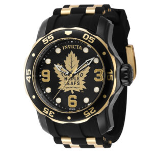 ectq62324_gz_vni_0 jpg - Relgio Invicta Masculino NHL Toronto Maple Leafs 48mm, Ouro e Preto, Resistente e Estiloso. -<p>Este um relgio Invicta da coleo NHL, com movimento preciso e caixa preta. Seu mostrador decorado por um mostrador de metal e protegido por um resistente Cristal Flame Fusion. A pul</p>