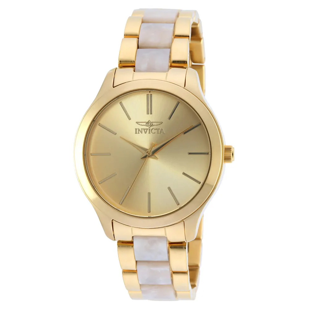 ectq69402_vni_2 jpg - Relgio feminino anjo 38 mm. Ouro. Prola 20496, Invicta -Este impressionante relgio Invicta Angel apresenta um movimento preciso, bem como uma caixa dourada. Seu mostrador de metal dourado envolto por um Cristal Flame Fusion altamente pr