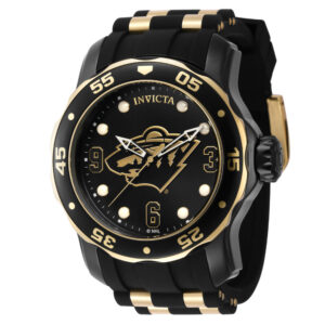 ectq71324_gz_vni_0 jpg - Relgio Masculino Invicta NHL Minnesota Wild 48mm, Ouro e Preto ZG 42317 um acessrio de estilo para fs de hquei. -<p>Este relgio Invicta da coleo NHL um item de preciso com uma caixa preta e um mostrador de metal protegido pelo exclusivo Flame Fusion Crystal. A pulseira feita de silicone dourada,</p>