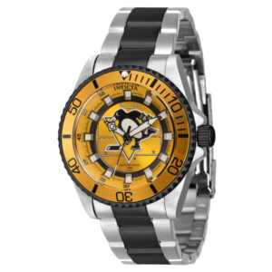 ectq80224_gz_vni_0 jpg - Relgio Invicta NHL Pittsburgh Penguins Unissex 38mm. Ao Preto ZG 42208 estilo e preciso para fs de hquei. -<p>Este relgio Invicta NHL possui um movimento preciso e uma caixa prateada, com mostrador de metal envolto por cristal de fuso de chama altamente protetor. A pulseira forte e preta,&</p>
