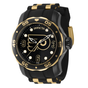 ectq80324_gz_vni_0 jpg - Relgio masculino Invicta NHL Philadelphia Flyers 48 mm, ouro e preto. -<p>Este relgio Invicta da coleo NHL apresenta um movimento preciso e uma caixa preta incrvel. O mostrador protegido por um exclusivo cristal Flame Fusion e a pulseira feita de silicon</p>