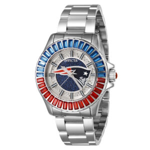 ectq84024_vni_0 jpg - Relgio feminino NFL New England Patriots 38 mm. Ao 42048, Invicta -<p>Este lindo relgio Invicta NFL contm um movimento preciso alm de uma caixa prateada. Seu mostrador exibe um mostrador metlico e brilhante protegido por um cristal Flame Fusion altam</p>