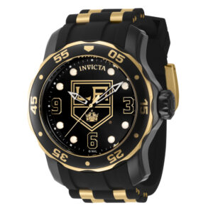 ectq90324_gz_vni_0 jpg - Relgio Invicta NHL Los Angeles Kings 48mm. Ouro e preto. Modelo ZG 42309 para homens. -<p>Este relgio Invicta da coleo NHL apresenta um movimento preciso, caixa preta e mostrador decorado com metal, protegido por Cristal Flame Fusion resistente. A pulseira feita de sili</p>