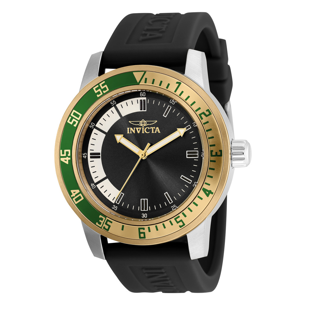 ectq97653_vni_0 jpg - Relógio Masculino Especializado, Invicta 35679, Preto, Prata e Dourado -Este lindo relógio Invicta Speciality contém um movimento preciso de quartzo além de uma caixa de aço. Seu mostrador exibe um mostrador de metal protegido por um Cristal Flame Fusi