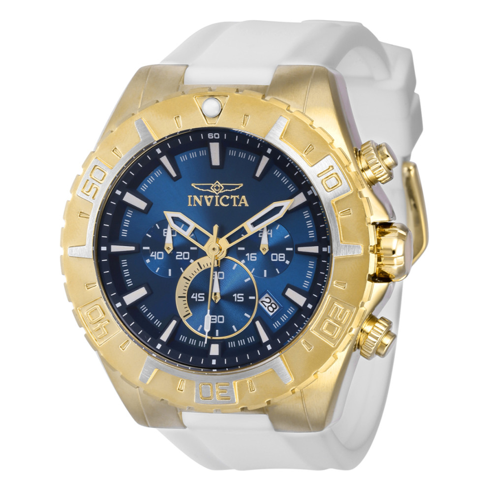 ectq00873_vni_0 jpg - Relógio Masculino Aviator, Invicta 37800, Branco, Dourado e Azul -Este incrível relógio Invicta da coleção Aviator oferece um movimento de quartzo exato, com uma caixa de ouro incrível. O mostrador exibe um mostrador de metal azul protegido por n