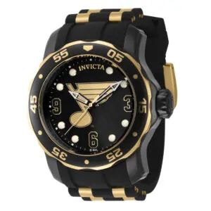 ectq31324_gz_vni_0 jpg - Relgio masculino Invicta NHL St. Ouro e Preto ZG 42313 estilo e qualidade em um s acessrio. -<p>Este um relgio Invicta NHL com movimento preciso e caixa preta. O mostrador de metal protegido por Cristal Flame Fusion altamente resistente. A pulseira de silicone dourada, preta&</p>