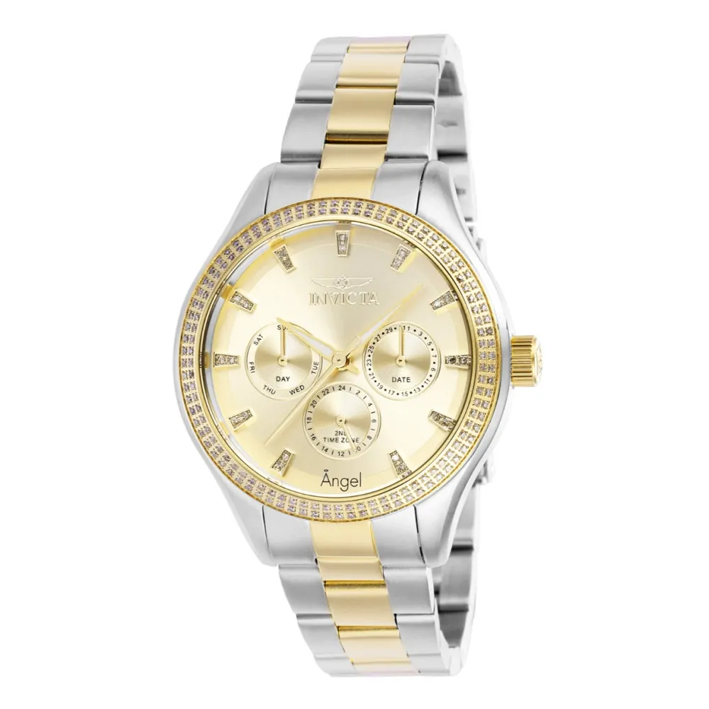 ectq58283_vni_0 jpg - Relógio Feminino Angel 0,76 quilates com Diamante, Invicta 38285, Prata e Dourado -Este lindo relógio Invicta Angel contém um movimento de quartzo preciso, além de 0,76 quilates de diamantes, mantidos por uma impressionante caixa de aço em ouro. Seu mostrador exi
