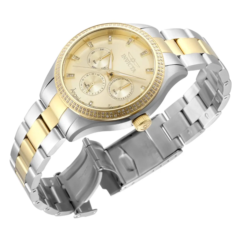 ectq58283_vni_1 jpg - Relógio Feminino Angel 0,76 quilates com Diamante, Invicta 38285, Prata e Dourado -Este lindo relógio Invicta Angel contém um movimento de quartzo preciso, além de 0,76 quilates de diamantes, mantidos por uma impressionante caixa de aço em ouro. Seu mostrador exi