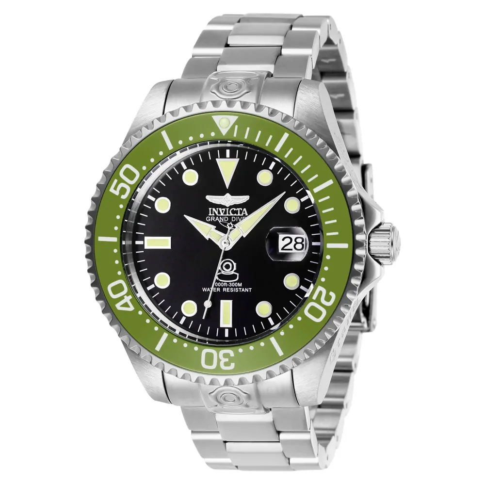 ectq21672_vni_0 jpg - Relógio Masculino Automático Invicta Grand Diver, Aço 27612 -Este atraente relógio Invicta da coleção Grand Diver é alimentado por um movimento automático preciso, com uma caixa de aço. Seu rosto é decorado com um mostrador preto de metal e&