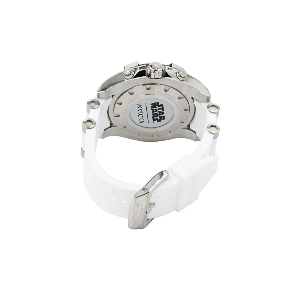 ectq70273_vni_2 jpg - Relógio Masculino Star Wars Captain Phasma, Invicta 37207, Branco e Prata -Este lindo relógio Invicta Star Wars contém um movimento de quartzo preciso, além de uma caixa de aço. Seu mostrador exibe um mostrador de metal protegido por um Cristal Flame Fusi
