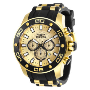 ectq88062_vni_0 jpg - Relgio Pro SCUBA Masculino 50mm. Ouro. Preto 26088, Invicta -<p>Este atraente relgio Invicta da coleo Pro alimentado por um movimento preciso, com uma caixa dourada. Seu mostrador decorado por um mostrador de metal dourado e protegido por um re</p>
