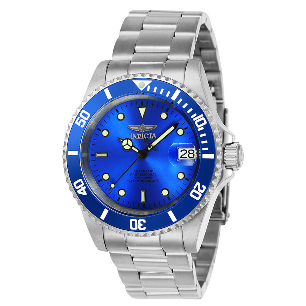 ectq16742_vni_0 jpg - Relógio Masculino Automático Pro Diver, Invicta 24761, Prata e Azul -Este atraente relógio Invicta da coleção Pro Diver é alimentado por um movimento automático preciso, com uma caixa de aço. Seu mostrador é decorado por um mostrador de metal azul e