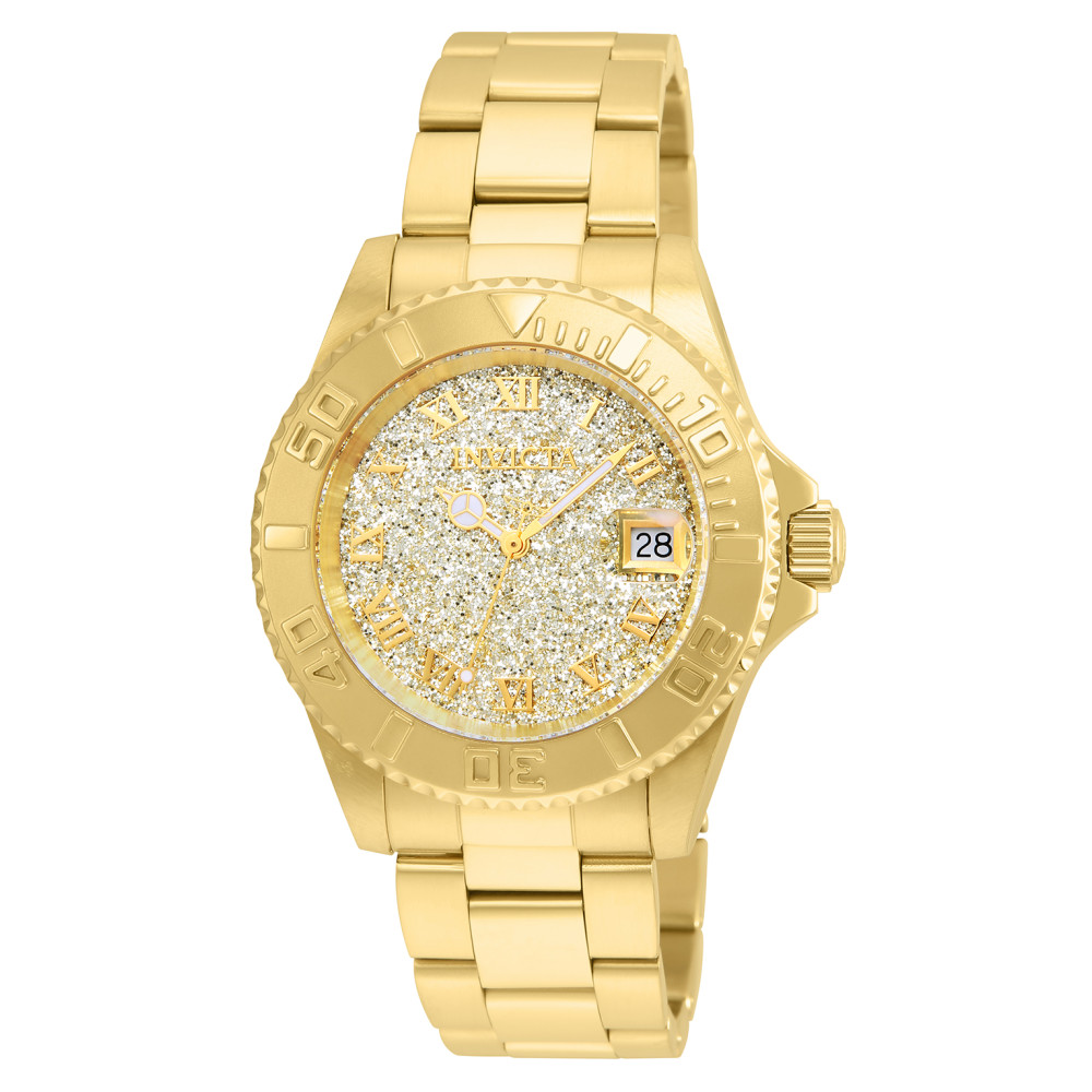 ectq70722_vni_1 jpg - Relgio feminino Angel Swiss Ronda 515 calibre 40 mm. Ouro 22707, Invicta -Este impressionante relgio Invicta Angel apresenta um movimento preciso, bem como uma caixa dourada. Seu mostrador de metal dourado envolto por um cristal mineral altamente proteto
