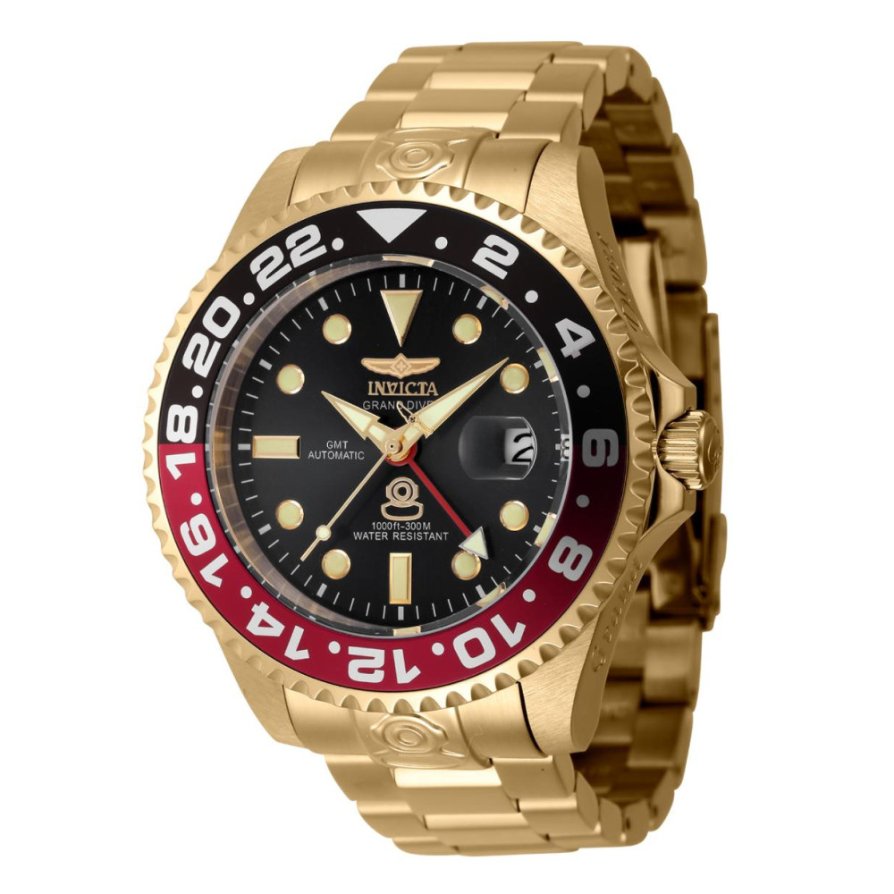 ectq07654_vni_0 jpg - Relógio masculino Grand NH34 GMT automático 47 mm. Ouro 45670 -Este atraente relógio Invicta da coleção Pro é alimentado por um movimento Automático preciso, com uma caixa dourada Seu mostrador é decorado com um mostrador de metal e carvão e p