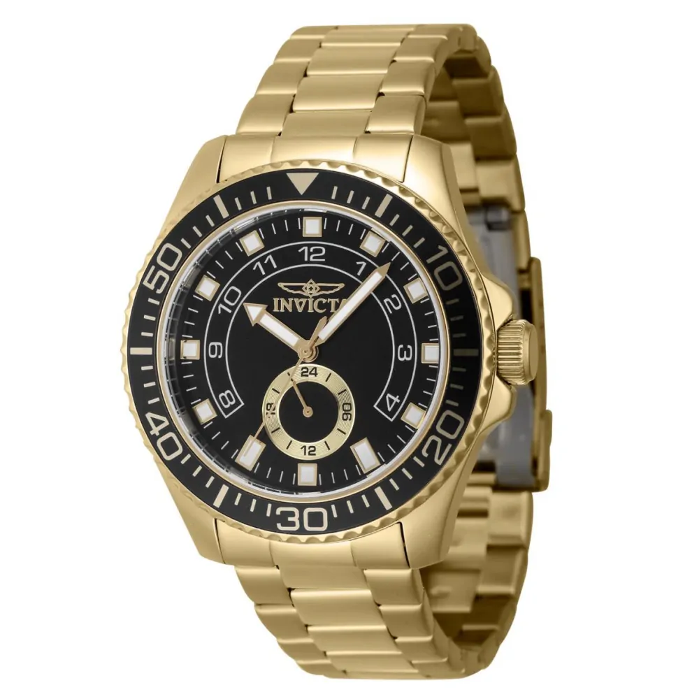 ectq13174_vni_0 jpg - Relógio Pro Masculino 44mm. Ouro 47131 -Este incrível relógio Invicta da coleção Pro oferece um movimento exato, com uma incrível caixa dourada O mostrador exibe um mostrador preto de latão protegido pelo nosso exclusivo