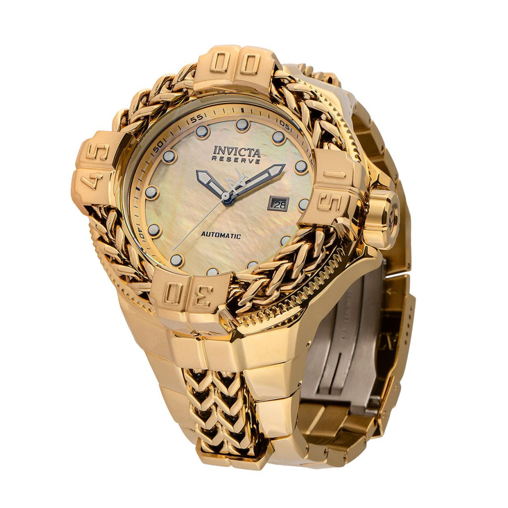 ectq23774_vni_1 jpg - Reserva Gladiator Spartacus Men S Watch W por Madre of Pearl Dial 59,6mm. Ouro 47732 -Este incrível relógio Invicta da coleção Gladiator oferece um movimento exato, com uma incrível caixa de ouro A face exibe um ouro de ouro, ostra, madrepérola e metal protegido por