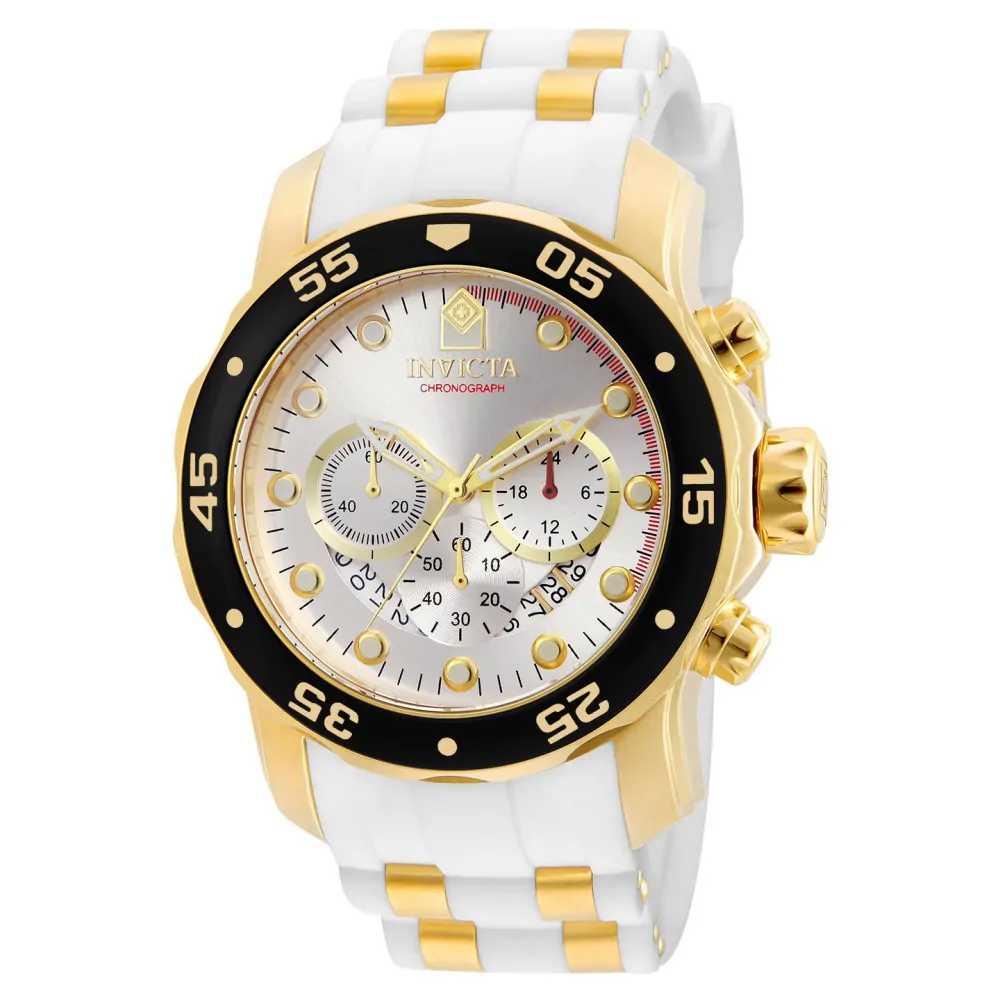 ectq29202_vni_2 jpg - Relógio Pro SCUBA Masculino 48mm. Ouro. Branco 20292 -Este incrível relógio Invicta da coleção Pro oferece um movimento exato, com uma incrível caixa dourada O mostrador exibe um mostrador prateado e metálico protegido pelo nosso excl