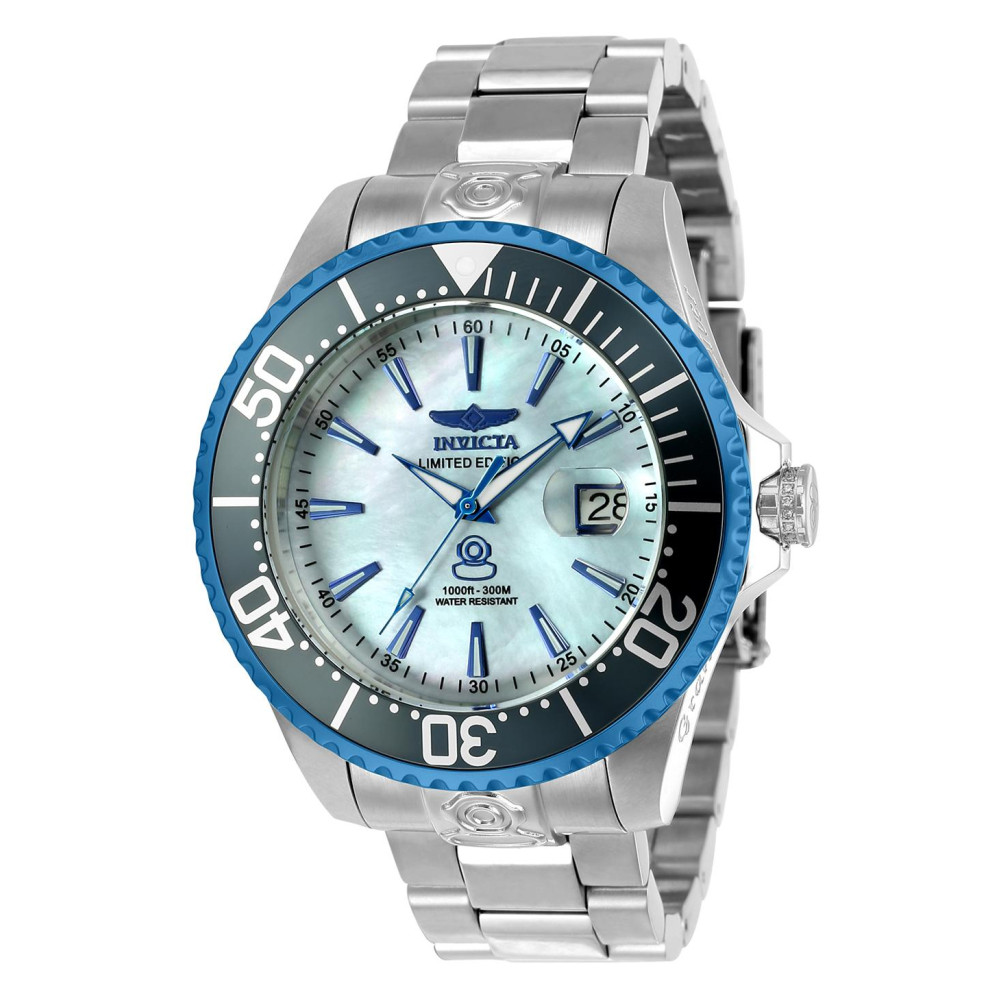ectq30332_vni_0 jpg - Grand 0.08 Carat Diamond Automático Relógio Masculino com Mostrador em Madrepérola 47mm. Aço 23303 -Este impressionante relógio Invicta Pro apresenta um movimento automático preciso, bem como 0,08 quilates de diamantes reais, tudo em uma caixa de aço azul sólido Seu mostrador de&