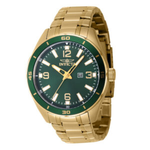 ectq57664_vni_0 jpg - Relógio Pro Masculino 44mm. Ouro 46675 -<p>Este atraente relógio Invicta da coleção Pro é alimentado por um movimento preciso, com uma caixa dourada Seu mostrador é decorado por um mostrador verde de latão e protegido por u</p>