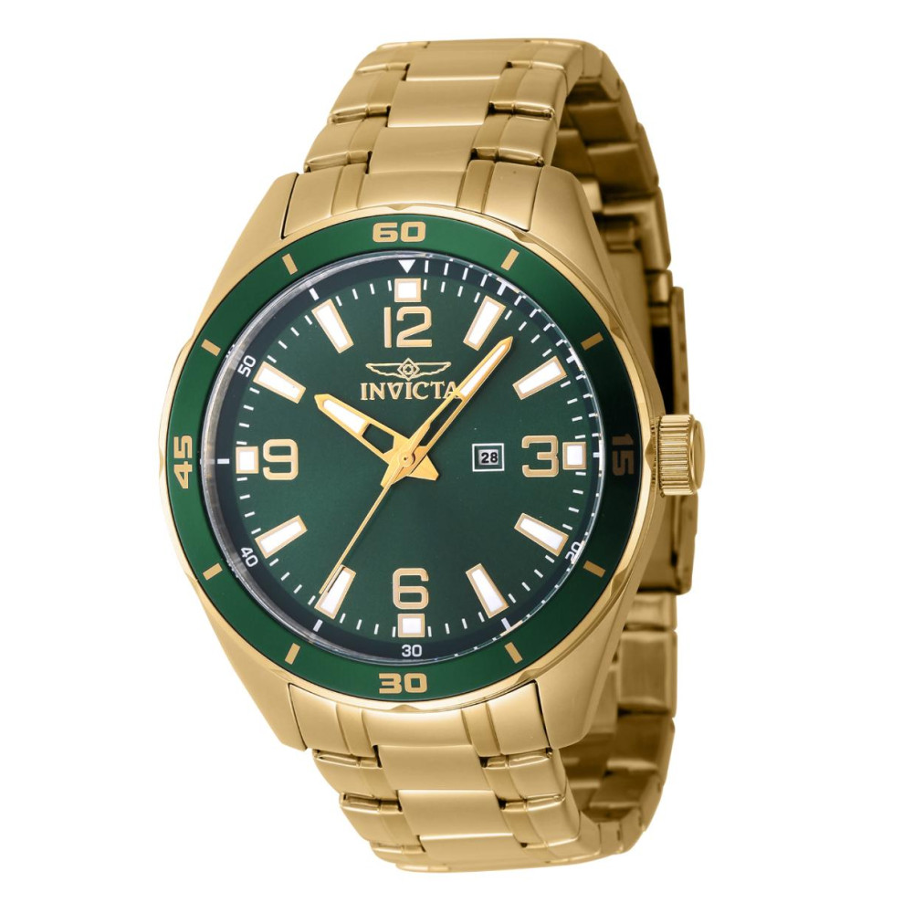 ectq57664_vni_0 jpg - Relógio Pro Masculino 44mm. Ouro 46675 -Este atraente relógio Invicta da coleção Pro é alimentado por um movimento preciso, com uma caixa dourada Seu mostrador é decorado por um mostrador verde de latão e protegido por u