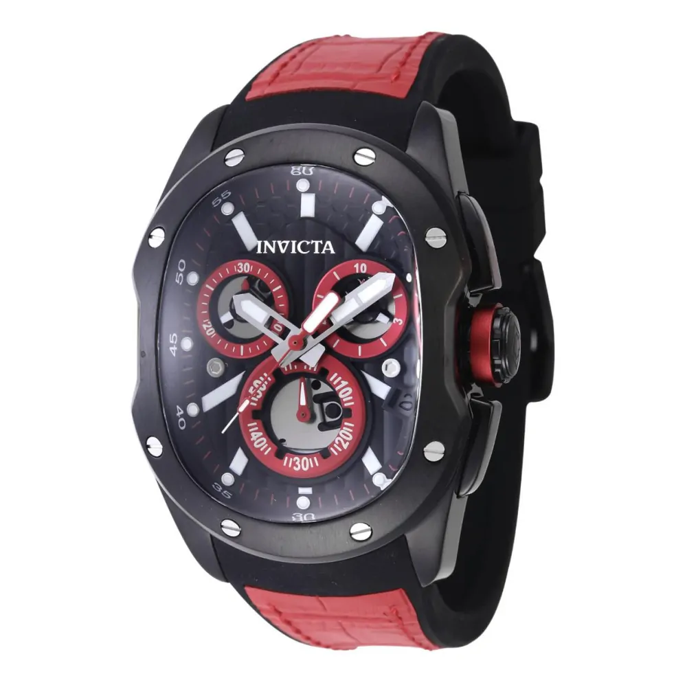 ectq63454_vni_0 jpg - Lupah Revolution 2.0 Swiss ETA G10.212 Calibre Relógio Masculino 41,5 mm. Vermelho. Preto 45436 -Este impressionante relógio Invicta Lupah apresenta um movimento preciso e uma caixa de aço preta Seu mostrador preto de metal é envolto por um cristal Flame Fusion altamente prote