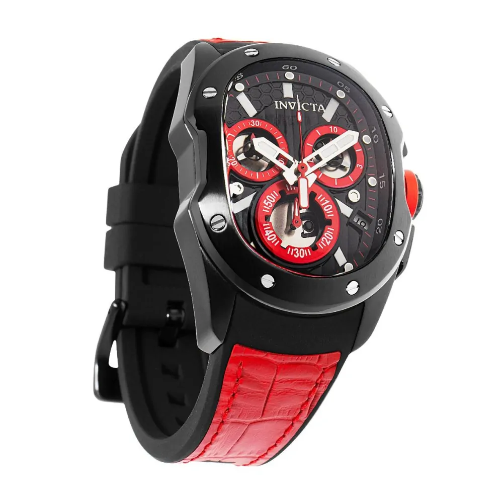 ectq63454_vni_1 jpg - Lupah Revolution 2.0 Swiss ETA G10.212 Calibre Relógio Masculino 41,5 mm. Vermelho. Preto 45436 -Este impressionante relógio Invicta Lupah apresenta um movimento preciso e uma caixa de aço preta Seu mostrador preto de metal é envolto por um cristal Flame Fusion altamente prote