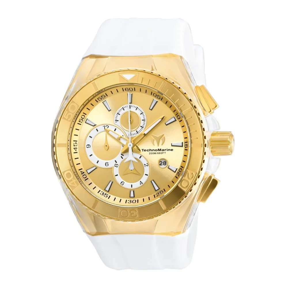 ectq640511_mt_vni_1 jpg - Relógio TechnoMarine Cruise Star Masculino 46mm. Branco. Preto com alça intercambiável TM 115046 -Este impressionante relógio TechnoMarine Star apresenta um movimento preciso e uma caixa dourada Seu mostrador dourado e metálico é envolto por um cristal mineral altamente proteto