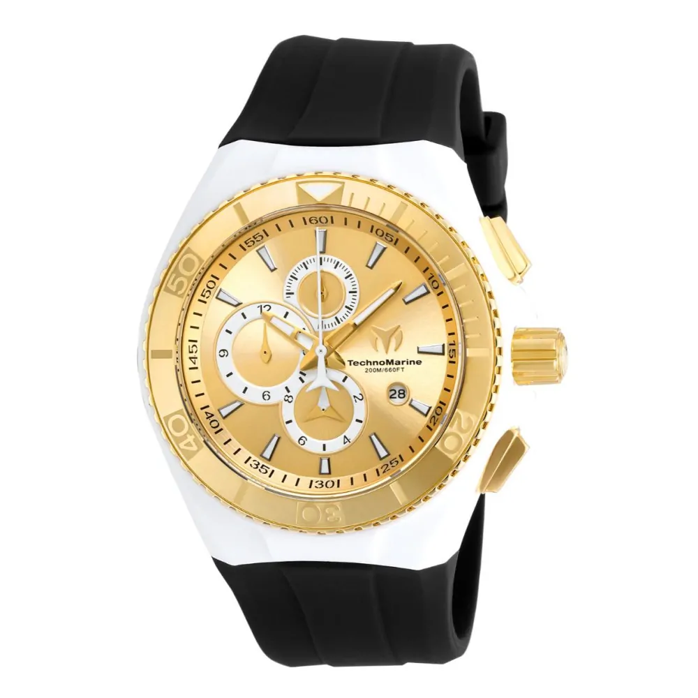 ectq640511_mt_vni_2 jpg - Relógio TechnoMarine Cruise Star Masculino 46mm. Branco. Preto com alça intercambiável TM 115046 -Este impressionante relógio TechnoMarine Star apresenta um movimento preciso e uma caixa dourada Seu mostrador dourado e metálico é envolto por um cristal mineral altamente proteto