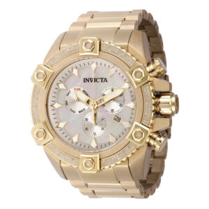 ectq66754_vni_0 jpg - Pro 0,71 quilates diamante suíço Ronda Z60 calibre relógio masculino com mostrador de madrepérola 56 mm. Ouro 45766 -<p>Este lindo relógio Invicta Pro contém um movimento preciso, além de 0,71 quilates de diamantes, sustentados por uma caixa de ouro deslumbrante Seu mostrador exibe um mostrador bran</p>