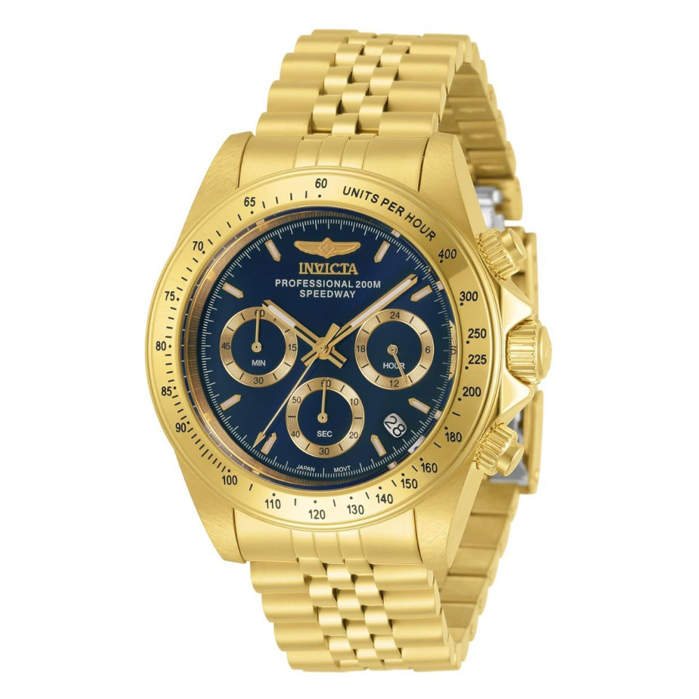 ectq99903_gz_vni_0 jpg - Relógio Speedway Masculino 39,5 mm. Ouro ZG 30999 -Este lindo relógio Invicta Speedway contém um movimento preciso além de uma caixa dourada Seu mostrador exibe um mostrador azul, metálico, protegido por um Cristal Mineral de alta&