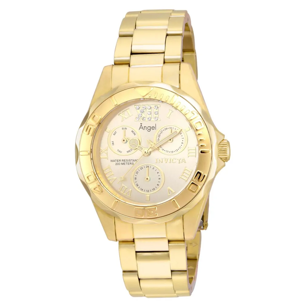 ectq79612_vni_0 jpg - Relgio feminino anjo 38 mm. Ouro 21697, Invicta -Este atraente relgio Invicta da coleo Angel movido por um movimento preciso, com caixa dourada. Seu mostrador decorado por um mostrador de metal dourado e protegido por um resisten