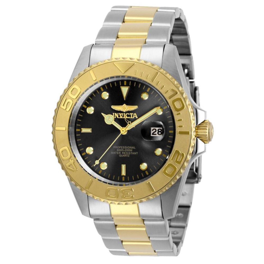ectq84992_vni_1 jpg - Relgio masculino profissional 43 mm. Ao. Ouro 29948, Invicta -Este atraente relgio Invicta da coleo Pro movido por um movimento preciso, com uma caixa de ao dourada. Seu mostrador decorado por um mostrador de metal preto e protegido por um re